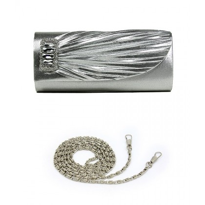 Evening Bag - 12 PCS - Pleated Satin w/ Rhinestones Accent Charm - Silver - BG-92409S